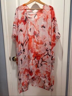 Humble Hilo Kimono Pink Coral Floral Swim Beach Cover Up Vacation Resort OS